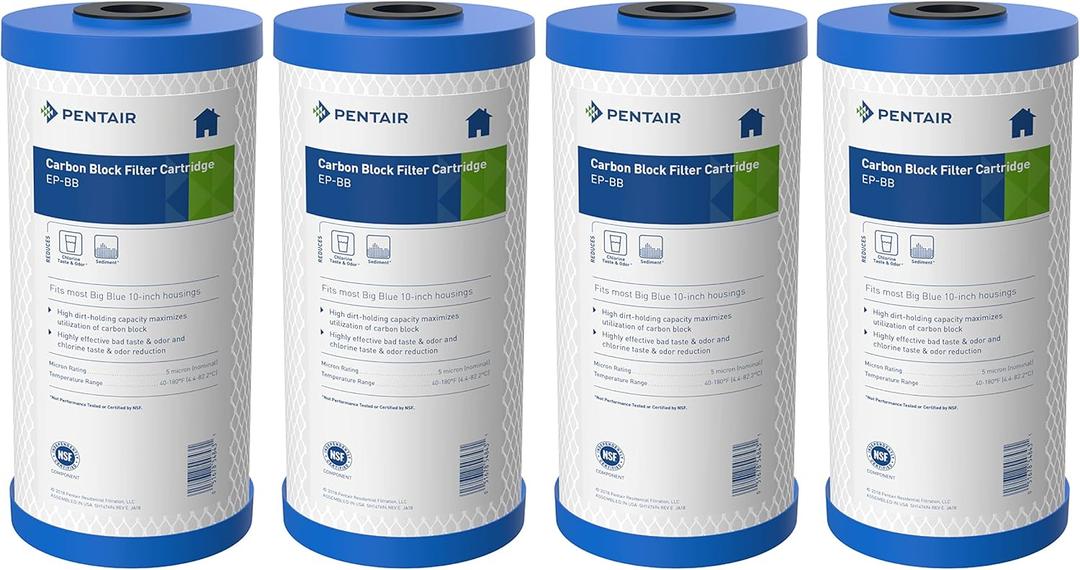 Pentair Pentek EP-BB Big Blue Carbon Water Filter, 10-Inch, Whole House Carbon Block Replacement Cartridge with Bonded Powdered Activated Carbon (PAC) Filter, 10" x 4.5", 5 Micron, Pack of 4