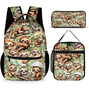 Sloth Backpack with Lunch Box & Pencil Case, 16 Inch Cute Sloth Themed Bookbag, Adjustable Lightweight Large Capacity, Colorful Backpack Set for Kids Girls Boys School