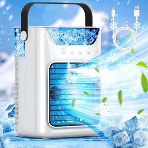 Portable Air Conditioners, 3 Wind Speeds & 7 LED Lights Evaporative Personal Air Cooler, 4 in 1 Portable AC with 650 mL Large Water Tank, Mini Air Conditioner for Bedroom/Car/Home/Camping/Room Portable Air Conditioners, 3 Wind Speeds & 7 LED Lights Evaporative Personal Air Cooler, 4 in 1 Portable AC with 650 mL Large Water Tank, Mini Air Conditioner for Bedroom/Car/Home/Camping/Room