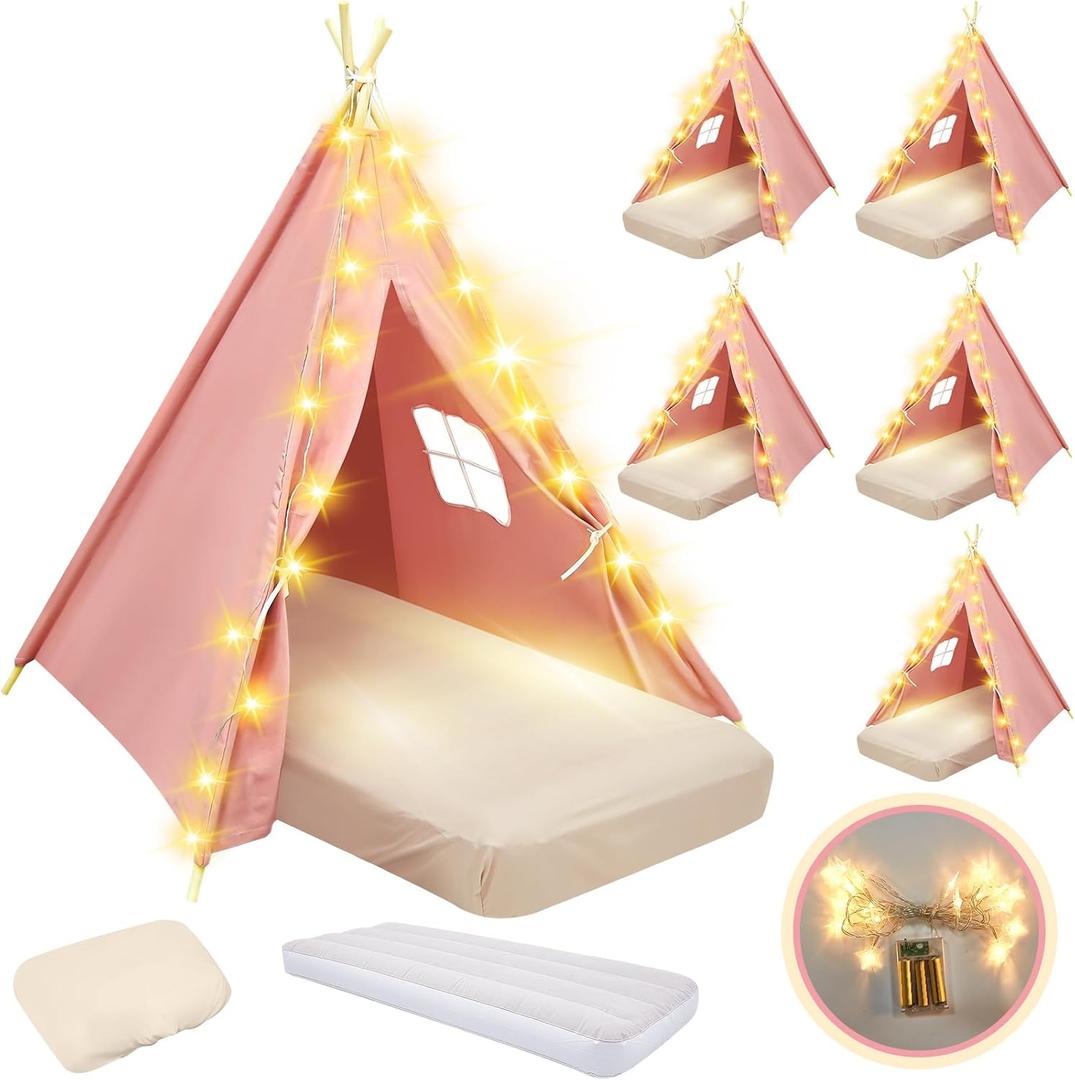 6 Pack Sleepovers Teepee Tent for Kids Bulk with Mattress Sheet Light,Natural Cotton Washable Indoor Play Tent for Birthday Slumber Party Girls Boys Pajama Movie Night Supplies(Pink), 61.81 x 25.98 x 7.09 inches