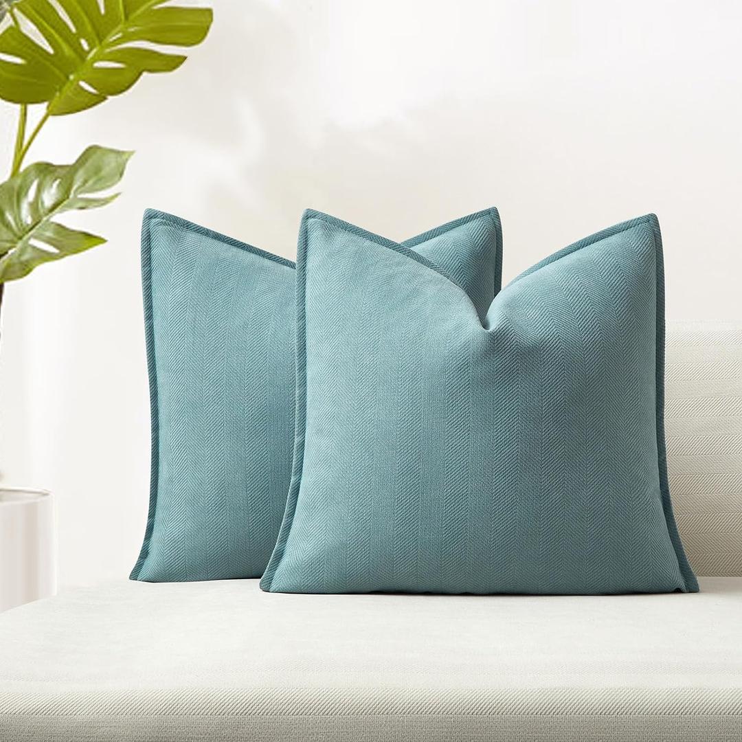 JUSPURBET Aqua Blue Herringbone Textured Throw Pillow Covers 18x18 inch Set of 2 for Home Decor Living Room Couch Bed Decorative Soft Luxury Chenille Cushion Case with Invisible Zipper (18" x 18" (Pack of 2), Aqua Blue)