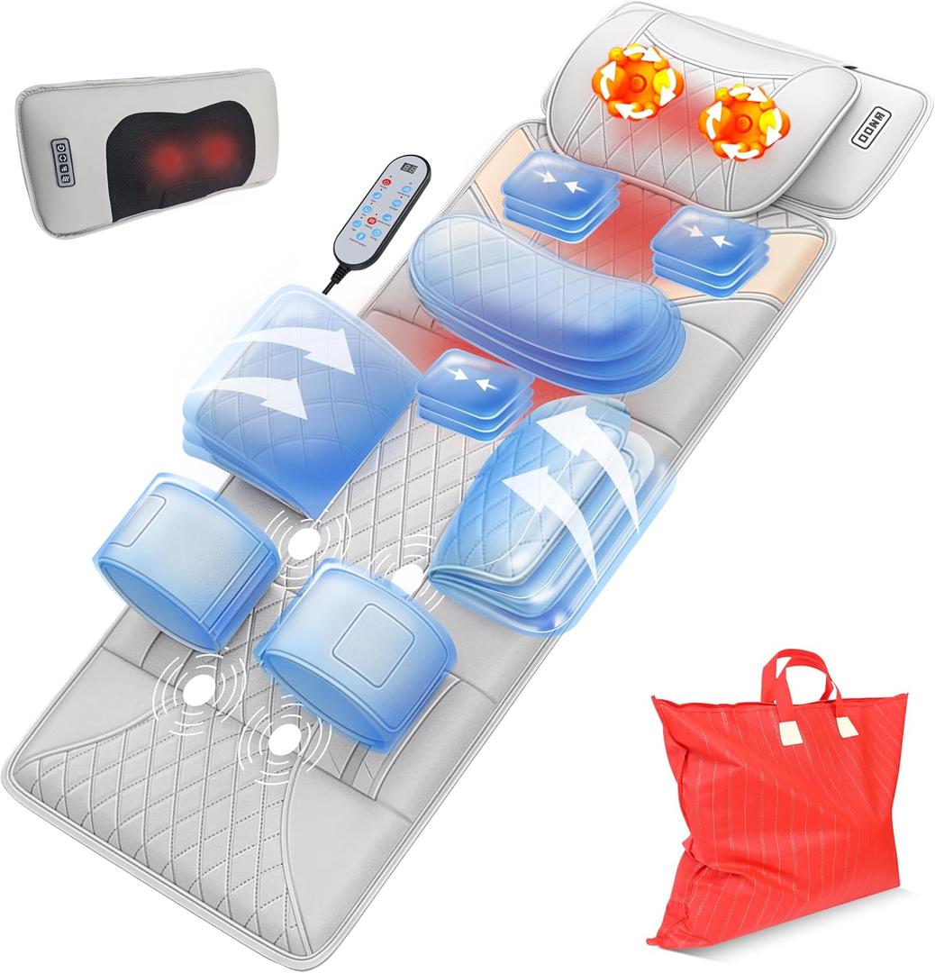 Full Body Massage Mat with Heat,Back Massage Pad with Movable Shiatsu Neck Massager for Bed Sofa,3D Airbags Body Stretching & Lumbar Traction,Portable & Foldable,Gifts for Men Women