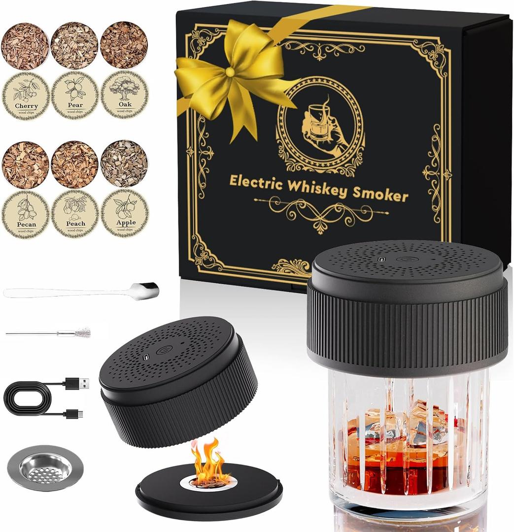 Electric Whiskey Smoker Kit, Handheld Cocktail Smoker with 6 Flavored Wood Chips, Rechargeable Drink Infuser for Bourbon, Scotch, Old Fashioned, Essential Bar Tools, Birthday Gifts for Men, Husband