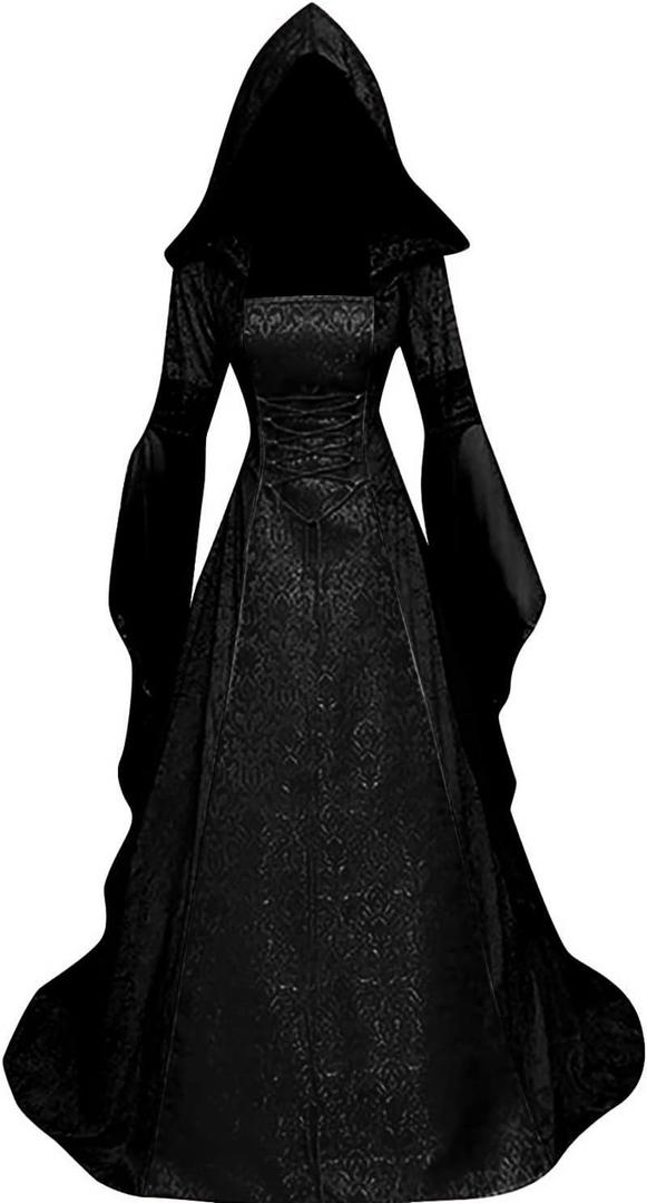 BITSEACOCO Women Deluxe Witch Dress Costume, Vintage Embroidered Renaissance Gothic Hooded Vampire Gown Dress Cosplay (Large, Black)