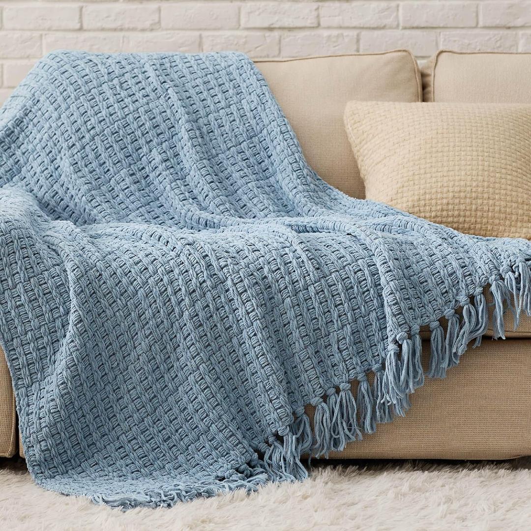 Bedsure Blue Throw Blankets for Couch - Textured Chunky Knit Woven Chenille Blanket - Super Soft, Warm Decorative Boho Throw with Tassels for Bed, Sofa and Living Room Decor, 50x60 Inches (Throw (50" x 60"), 13 - Blue)