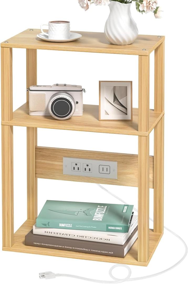 YUFAM Small Narrow Wood Side Table with Charging Station, 3-Tier Slim End Table for Small Space, Skinny Nightstand with Storage for Couch, Thin Bedside Table with USB Ports and Outlets, Natural, 1 Pack