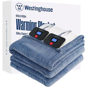 Westinghouse Electric Blanket Queen, Flower Jacquard Heated Blanket Queen Size with 10 Heating Levels and 1-12 Hours Auto-Off, Flannel to Sherpa Reversible, Machine Washable (84" x 90", Blue)