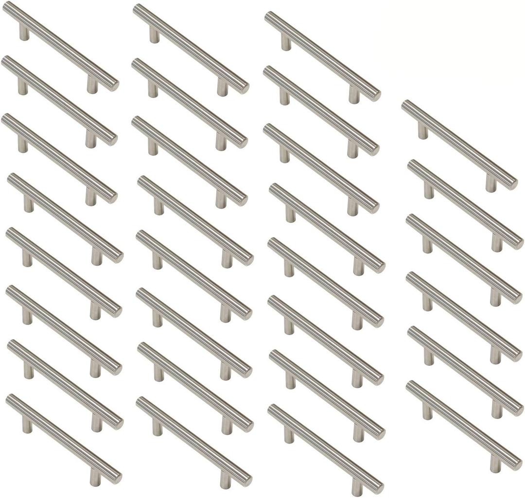 Cabinet Handles -1 Pack of 30 Stainless Steel Hollow Tube T Bar Drawer Pulls Cupboard Knob for Kitchen Furniture Hardware (Overall Length: 8", Hole Center: 5")