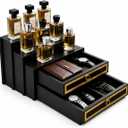 Wooden Cologne Organizer for Men - 4-Tier with 2 Drawer Storage for Watch, Key, Jewelry - Black & Gold Perfume Organizer - Perfume Display Shelf with Accessories holder - Gifts for Men