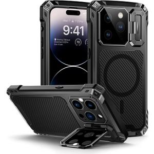 Lanhiem Magnetic for iPhone 14 Pro Metal Case, [Built-in Camera Kickstand & Glass Screen Protector] Heavy Duty Full Body Rugged Protective Military Magsafe Cover for iPhone 14 Pro 6.1" (Black)
