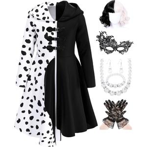 Girls Vintage Halloween Costume Dress Up Dalmatian Print Outfit (6-7 Years, White)