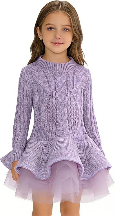 Plustrong Girl's Winter Sweater Tutu Dress Cable Knit Long Sweaters for Toddler Girl (Purple Tutu, 5T)