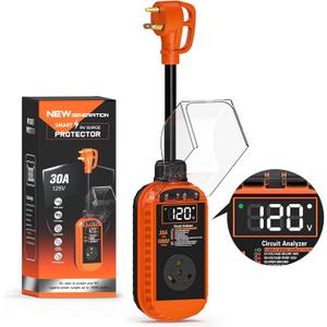 Smart RV Surge Protector 30 Amp with Auto Shutoff & Reset, 10,000J 30 Amp RV Surge Protector with LED Display, Voltage & Temperature Protection, IP67 Waterproof (Orange)