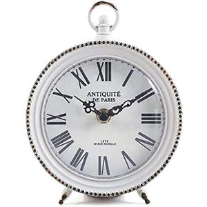 NIKKY HOME Vintage Table Clock with Handle, Shelf Desk Top Clock Battery Operated Rustic Design, Chic Home Decor for Fireplace Mantel, Desktop, Countertop, Distressed White