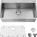 30 inch Drop in Kitchen Sink, Topmount Single Bowl 304 Stainless Steel Handmade Satin Finish Kitchen Sinks with Dish Grid and Strainer, 30*18*9 inch