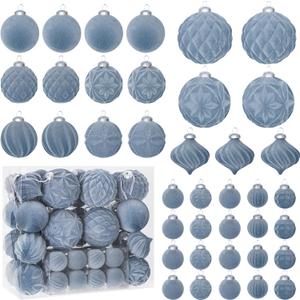 46PCS Velvet Christmas Ball Ornaments Set, Flocked Shatterproof Xmas Tree Decor, Assorted Hanging Ornaments with Loop for Holiday Home Decor, Christmas Tree Decoration (Gray Blue)