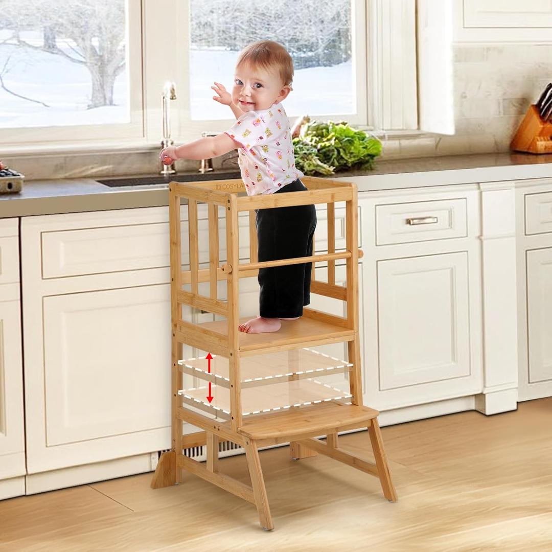 COSYLAND Toddler Standing Tower - Adjustable Height Toddler Kitchen Stool Helper - Kids Kitchen Step Stool for Learning with Removable Safety Railing Natural (Large)