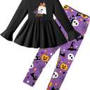 Arshiner Girls 2 Piece Clothing Set Floral Ruffle Hem Bell Sleeve Top and Leggings Fall Winter Outfits for 2-10 Years (Halloween Purple)