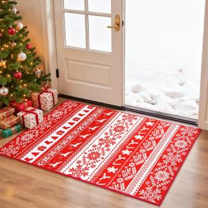 GREFFY Washable 2x3 Entryway Area Rug, Red/White Snowflake Kitchen Small Throw Rugs Runner Vintage Soft Floor Mat, Non Slip Indoor Home Decor Carpet for Bathroom Living Room Bedroom Door, Red
