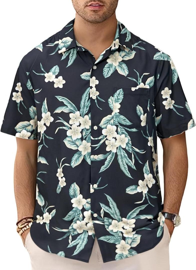 GSOU SNOW Mens Hawaiian Shirt Quick Dry Short Sleeve Tropiacl Floral Button Down Shirts for Beach Summer Vacation (XL)