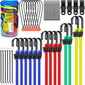 ELEAD 33 Piece Premium Bungee Cords Assortment Jar, Includes 10", 18", 24", 32", 40" Bungee Cord with Hooks, 6" Nylon Cable Ties, 8" Canopy Tarp Ball Ties and Tarp Clips