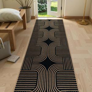 Lahome Modern Geometric Black Runner Rug, 2x8 Indoor Outdoor Hallway Kitchen Runner Rug with Rubber Backing, Farmhouse Washable Non Slip Non Shedding Floor Carpet for Bedroom Entry Patio