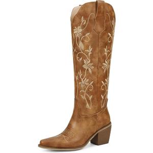 wetkiss Cowboy Boots for Women Knee High Cowgirl Boots, Western Boots with Floral Embroidered Pointed Toe Chunky Heel Pull On Retro Vintage Classic Tall Boots for Ladies, Size 7