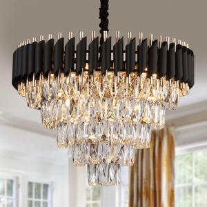 AXILIXI Crystal Chandelier Contemporary, 24" Modern Living Room Chandeliers, K9 Crystal Ceiling Lights Fixtures, Round 5 Tiers Pendant Lighting Chandelier Black for Entryway Dining Room Staircase