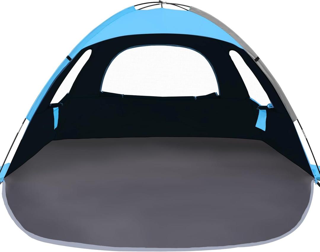 NXONE Beach Tent Sun Shade Shelter for 2-3 Person with UV Protection, Extended Floor, 3 Mesh Roll Up Windows & 8.0mm Fiberglass Rods丨Carry Bag Included (Dark Shelter-Ocean Blue)