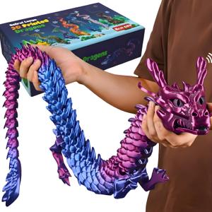 35.4in Large 3D Printed Dragon Toy with Gift Box - Flexible Articulated Dragon Action Figure for Creative Play or Desk Decor Display - Unique Gift for Kids & Stress Relief Toys Adults (Laser Purple)