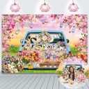 Spring Easter Backdrop Happy Easter Eggs Blue Car Floral Garden Photography Background Kids Children Baby Shower Birthday Home Party Decorations (7x5FT)