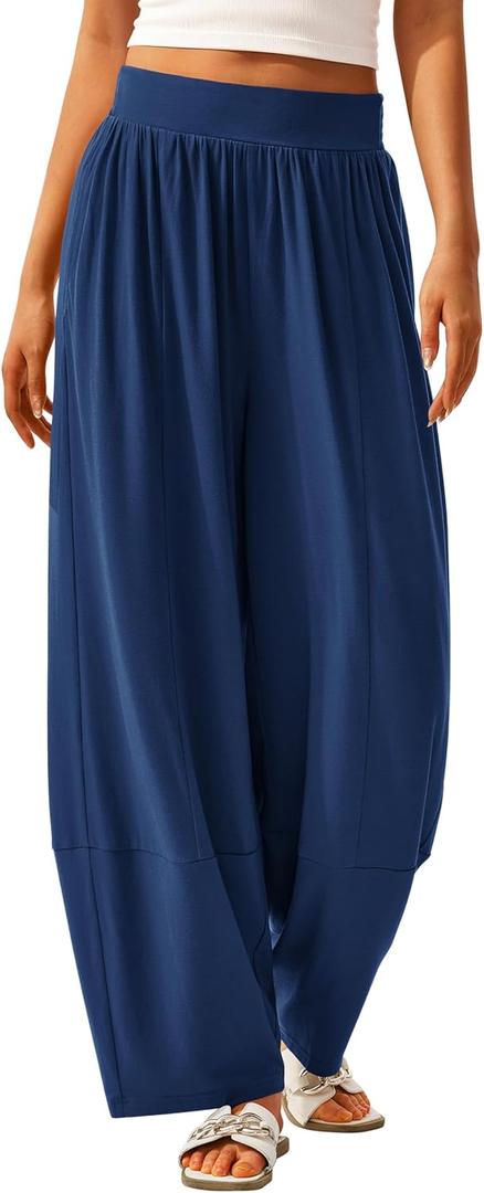 MASCOMODA Women Casual Wide Leg Palazzo Lounge Pants Comfy Soft Loose Flowy Yoga Pants Smocked High Waisted Barrel Sweatpants (Blue, Medium)