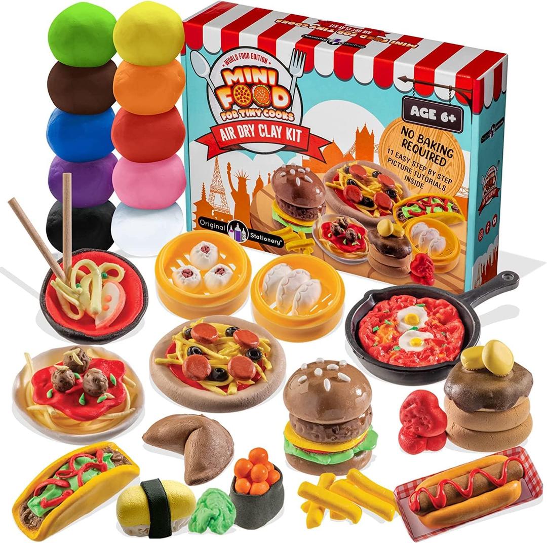 Original Stationery DIY Air Dry Clay Kit - 10 Colors, 19+ Pieces, World Food Style, Ages 7+ - Mini Food Making Kit for Kids & Air Dry Modeling Clay Set