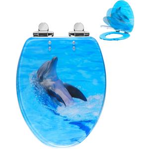 Angol Shiold ELONGATED Soft Close Toilet Seat Resin, Quiet and Slow Close Lid and Seat with Quick Release Adjustable Hingesfor Standard Toilets, Easy Installation & Clean(19 Inch, Backstroke Dolphin)
