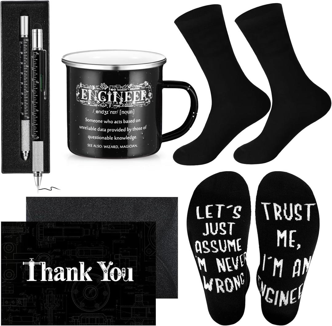 ReliThick 6 Pcs Funny Engineer Gifts for Men 12 oz Engineer Enamel Mug Socks Ballpoint Pen with Box Thank You Card Envelope Birthday Retirement Christmas Gifts for Father Mechanical Electrical Staff