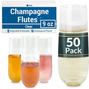 Reli. Champagne Flutes Plastic (50 Pack, 9oz) Clear, Stemless | Disposable Mimosa Glasses for Champagne, Mimosa, Cocktail, Wedding/Parties | BPA-Free Plastic Champagne Flutes, Shatterproof Cups
