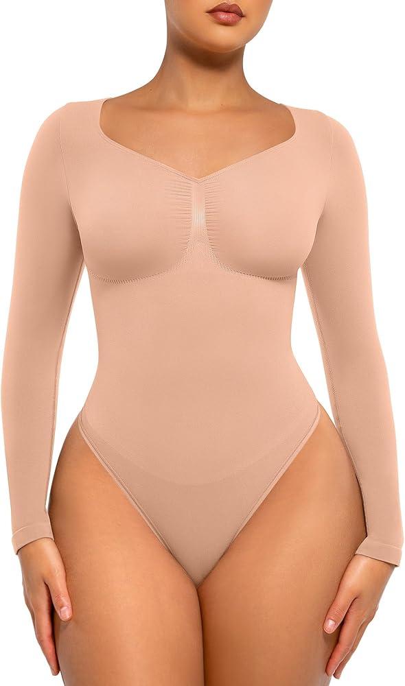 FeelinGirl Women's Long Sleeve Bodysuit for Tummy Control Seamless Body Suits Thong V Neck Going Out Tops XS