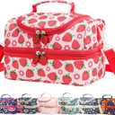 Insulated Kids Dual Compartment Lunch Bags Tote for Girls Boys Toddler Lunch Boxes Pre-School Toddler Kindergarten Picnic Camp Food Cooler Thermal with Strap (Bright Strawberry)
