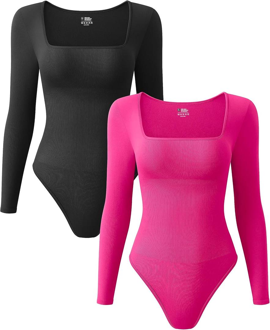 OQQ Women's 2 Piece Bodysuits Sexy Ribbed One Piece Square Neck Long Sleeve Tops (S)