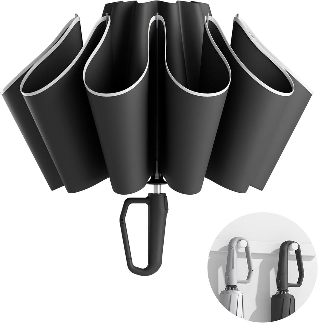 Windproof Travel Umbrella for Rain, Withstand 85MPH Winds, 54 Inch Automatic Reverse Fold Umbrellas Easy Auto Open Close, Portable Compact Umbrella Includes Cover Bag, Perfect for Travel, Car, Commute, Women Men, Backpack (Dark Black)