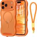 for iPhone 17 Pro Max Case with Wrist Strap, Wavy Frame Cute Translucent Matte Hard Cover Compatible with Magsafe Shockproof Bumper Phone Case for iPhone 17 Pro Max Women Girls, Cosmic Orange