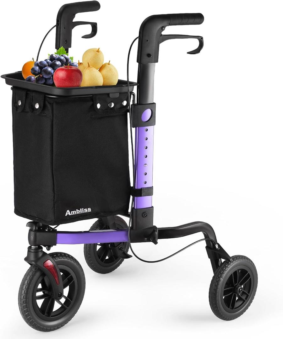 Ambliss Rollator Walkers with Seat for Seniors, 8" Wheels, 300lb. Weight Capacity, All Terrain Lightweight Walkers for Seniors with Backrest, Height Adjustable Foldable Walker (Purple-3Wheel)