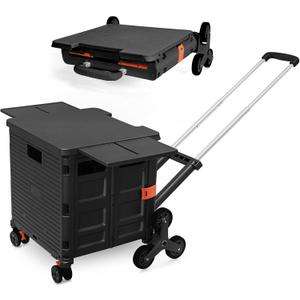 Foldable Utility Cart Portable Crate Rolling Dolly with Telescopic Handle,Can be Pulled diagonally, Magnetic Retractable Lid, 360°Swivel Climbing Wheels for Shopping Carrying Groceries Move Black