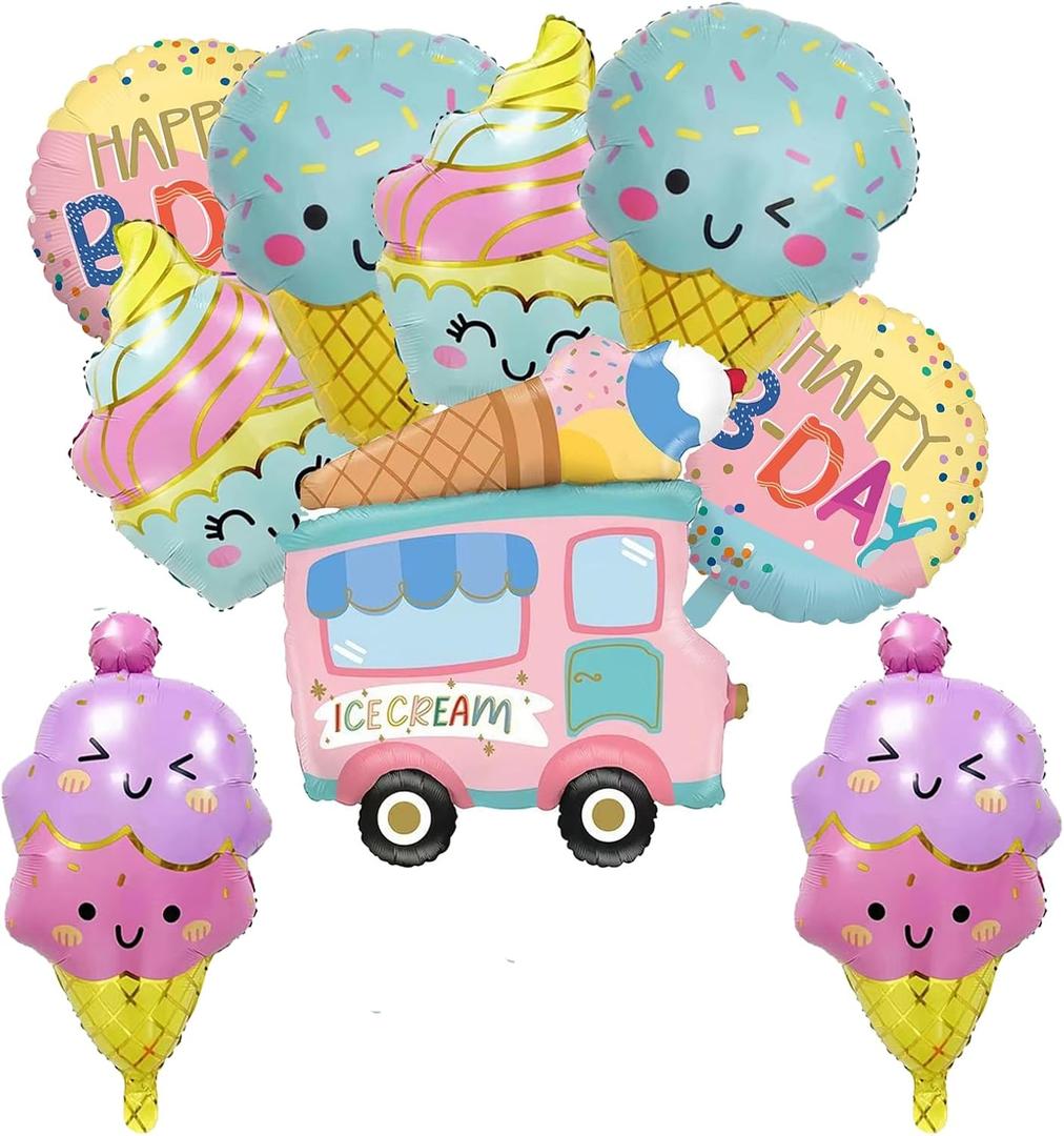 9PCS Ice Cream Foil Balloons Happy Birthday Ice Cream Mylar Balloon for ice Cream Themed Party Decorations Baby Shower Wedding Party Decorations