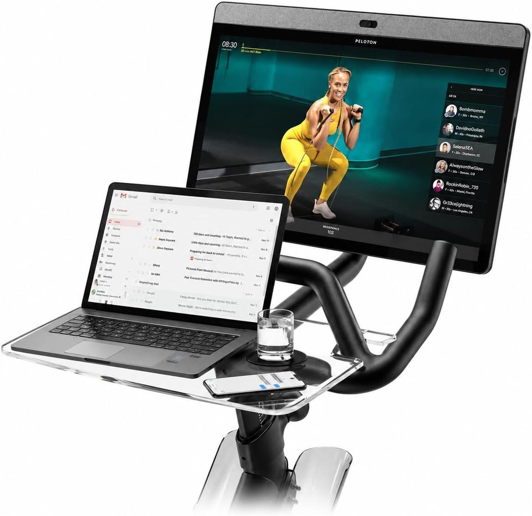SELINA Peloton Bike Accessories Desk Tray - Laptop, Tablet & Phone Holder for Peloton Bike Plus | Clear Acrylic Peloton Tray, No-Scratch Cushion Tape Included (Bike+)