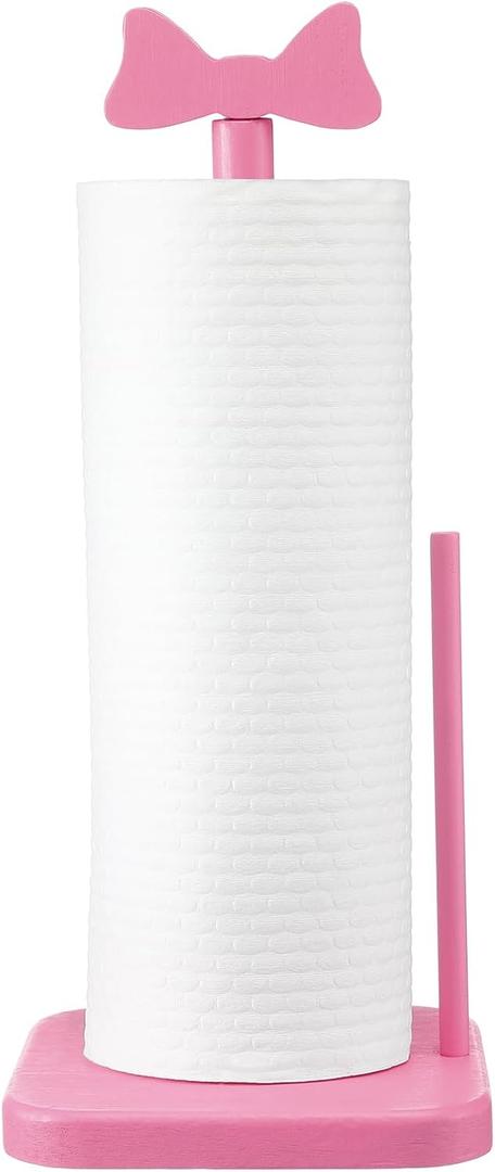Leinuosen Pink Bow Paper Towel Holder Coquettish Cute Bow Wooden Paper Towel Holder Pink Bathroom Countertop Accessories Kitchen Roll Stand Organizer Standing Apartment Decor Housewarming Gift
