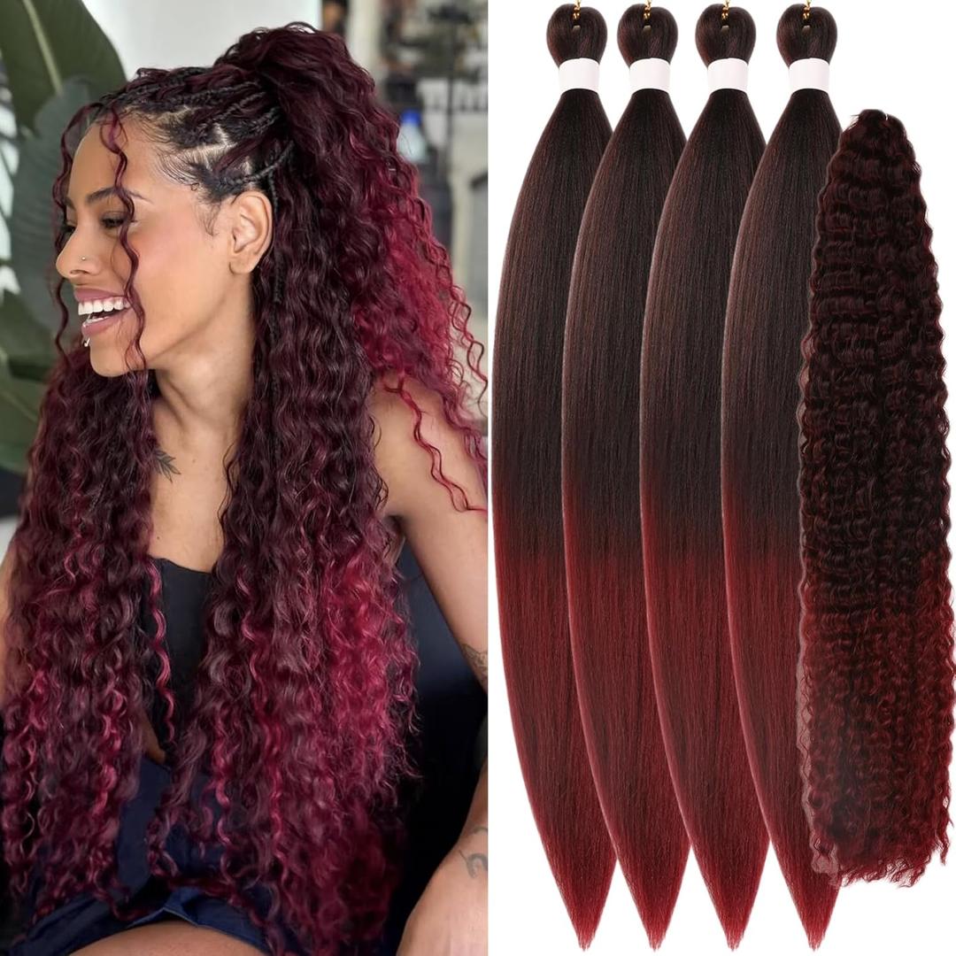 Burgundy Boho Braiding Hair 1B/900 Ombre Burgundy Boho Curly Deep Wave Hypoallergenic Braiding Hair Pre stretched Synthetic Ez Braid Knotless Non Toxic