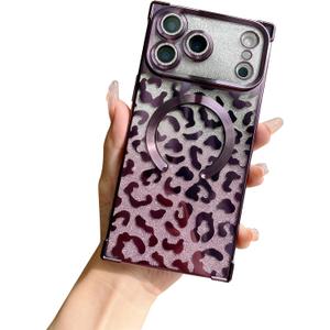 Magnetic Case Compatible for iPhone 17 Pro Max Magsafe Case, Full Camera Protection & Reinforced Corners, Electroplate Leopard Clear Slim Shockproof TPU Phone Cover for Women Girls, Purple