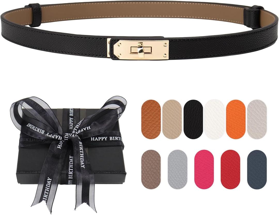 Women's Skinny Belt with Turn-Lock Buckle, Adjustable Women Leather Belt for Dresses, Jeans, Coats