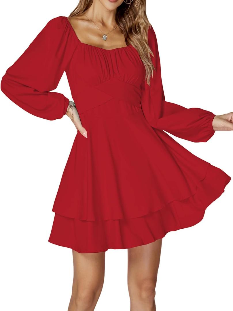 LYANER Women's Lantern Long Sleeve Wrap Tie Back Square Neck Double Layer Ruffle Hem A Line Short Mini Dress (Medium, Red)